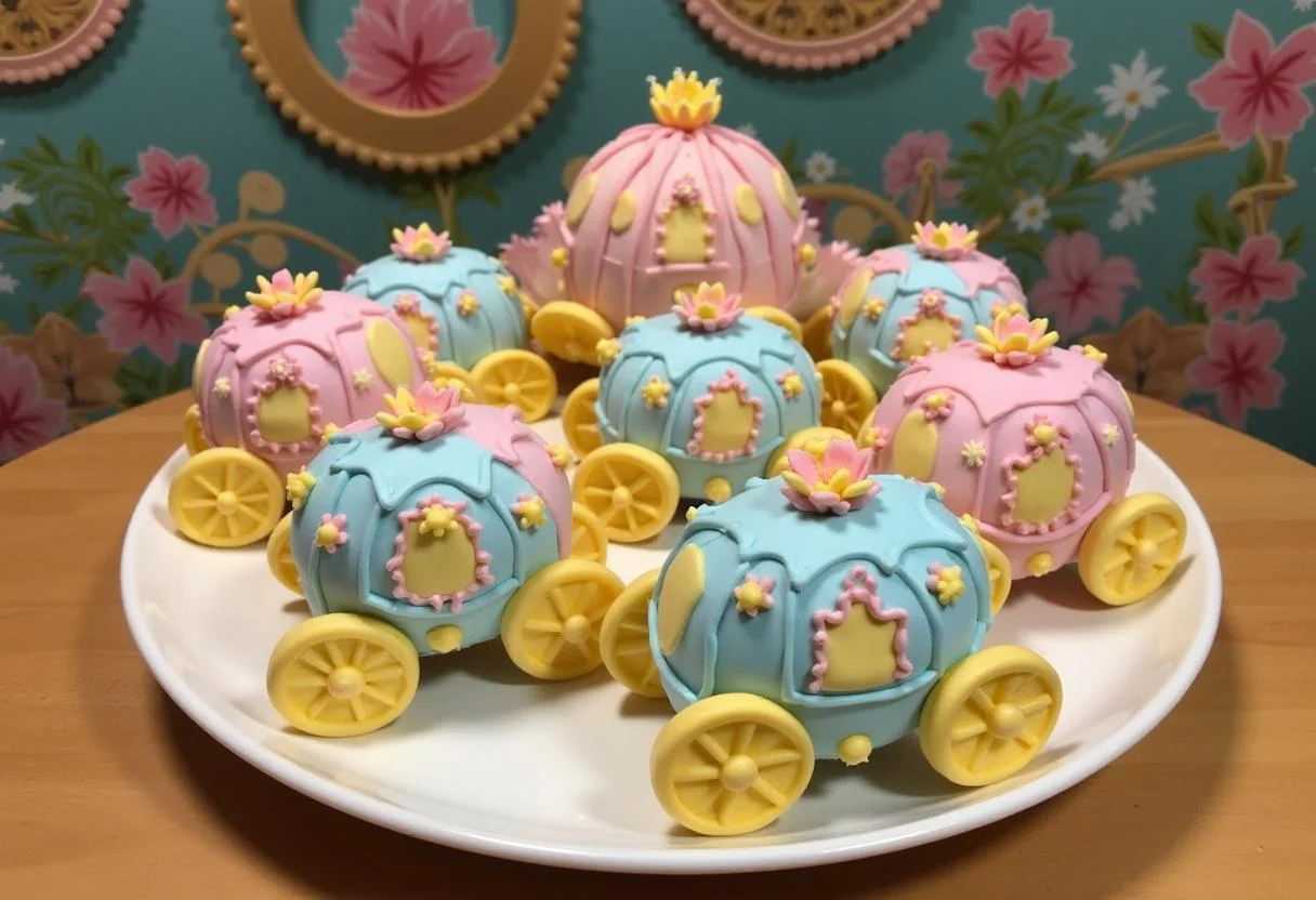 Final display of Cinderella Coachman's Carriage Cakes, showcasing enchanting themed cupcakes, perfect for a fairy tale celebration.
