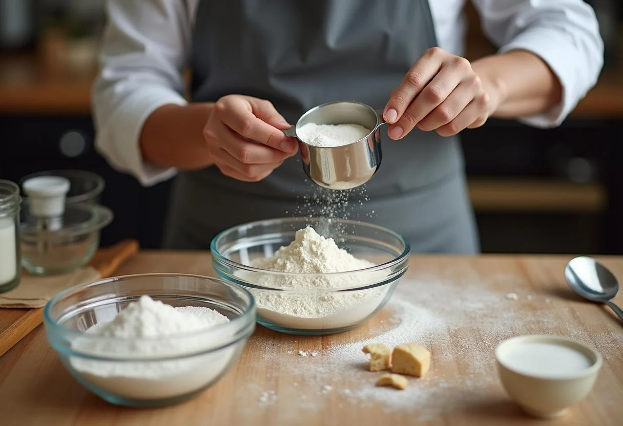 Ingredients for Cinderella Coachman's Carriage Cakes measured and ready to be mixed, showcasing flour, sugar, and baking tools.