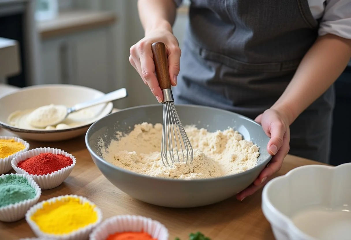 Mixing dry ingredients for Cinderella Coachman's Carriage Cakes in a vibrant kitchen, emphasizing the baking process with tools and ingredients.