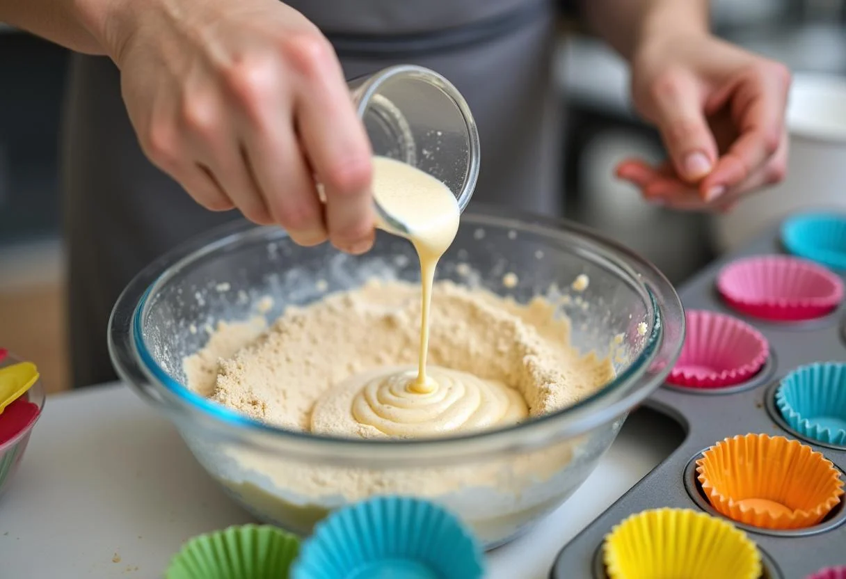 Pouring wet ingredients into dry mixtures for Cinderella Coachman's Carriage Cakes, capturing the excitement of the baking process.