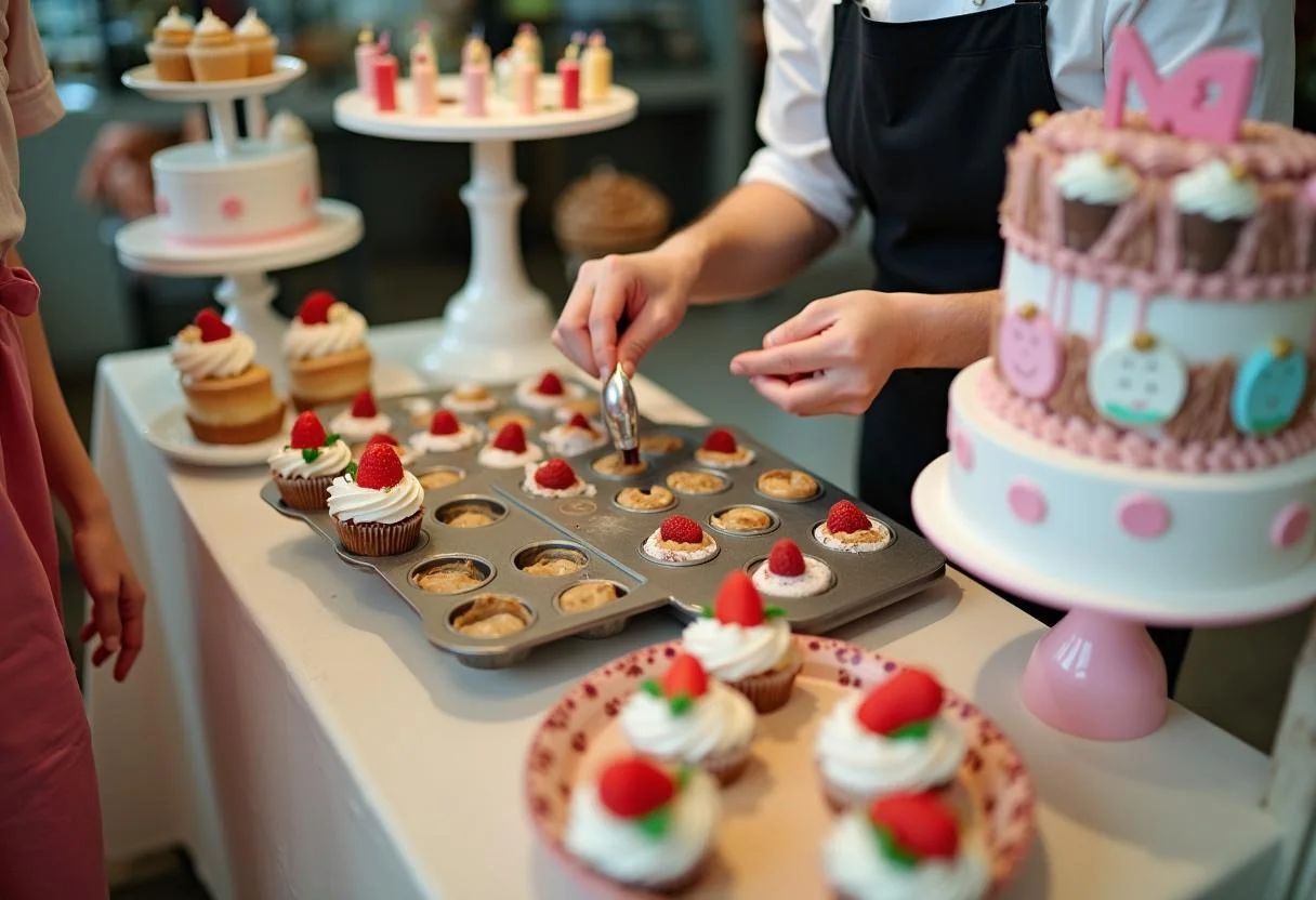 Filling tins with batter for Cinderella Coachman's Carriage Cakes, illustrating the preparation for delightful themed cupcakes.