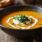 Beautifully served Cinderella Fairy Godmother's Magical Pumpkin Soup in a bowl, garnished elegantly, showcasing the delicious and inviting dish.