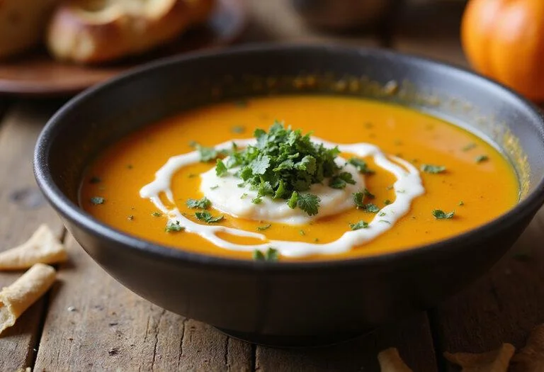 Beautifully served Cinderella Fairy Godmother's Magical Pumpkin Soup in a bowl, garnished elegantly, showcasing the delicious and inviting dish.