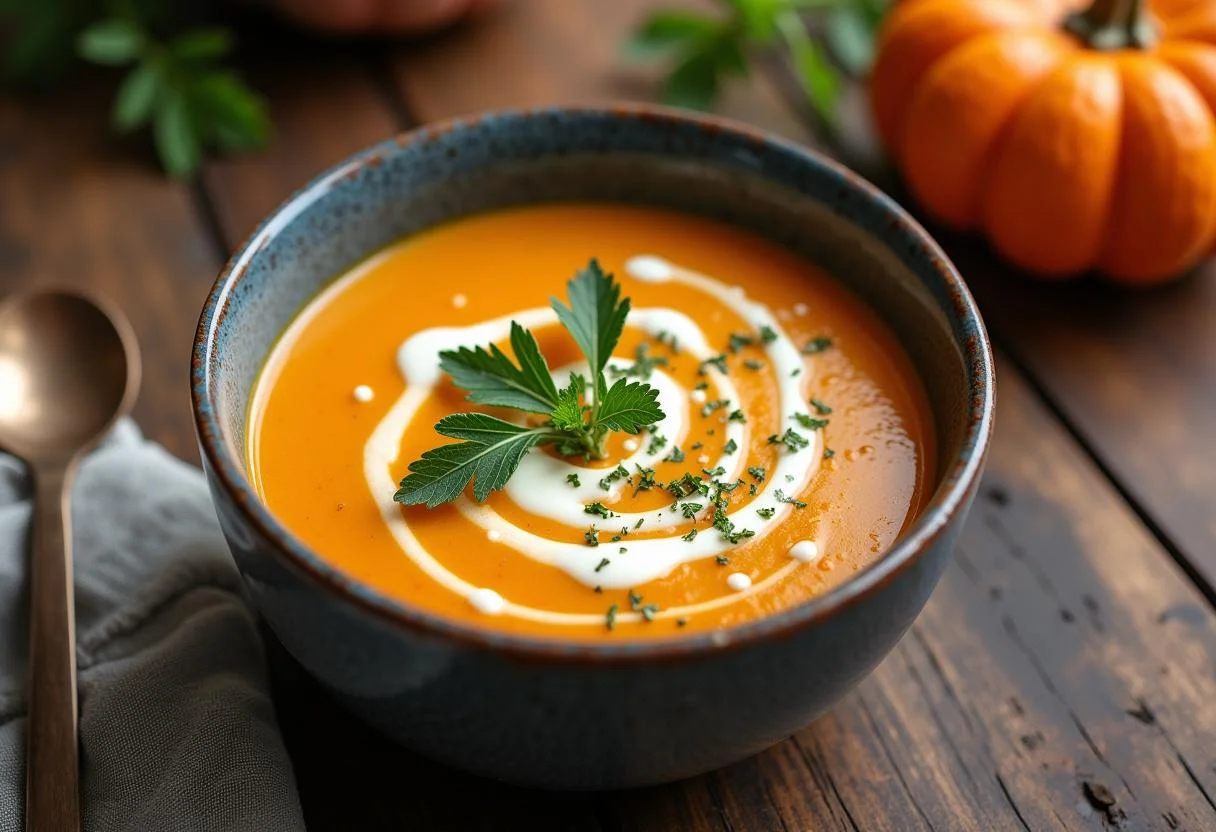 Beautifully served Cinderella Fairy Godmother's Magical Pumpkin Soup in a bowl, garnished elegantly, showcasing the delicious and inviting dish.