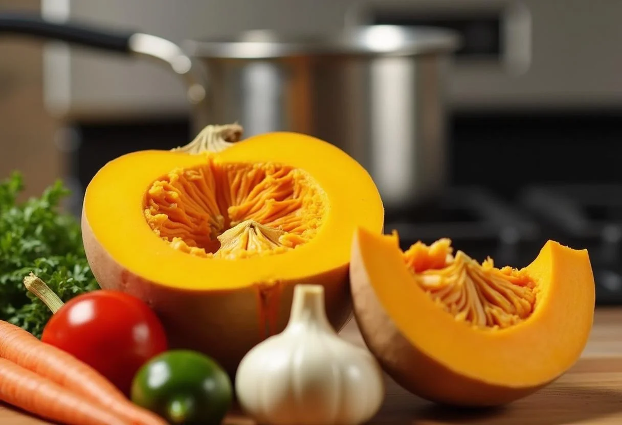 Preparing ingredients for Cinderella Fairy Godmother's Magical Pumpkin Soup, showcasing a fresh halved pumpkin and vibrant vegetables.
