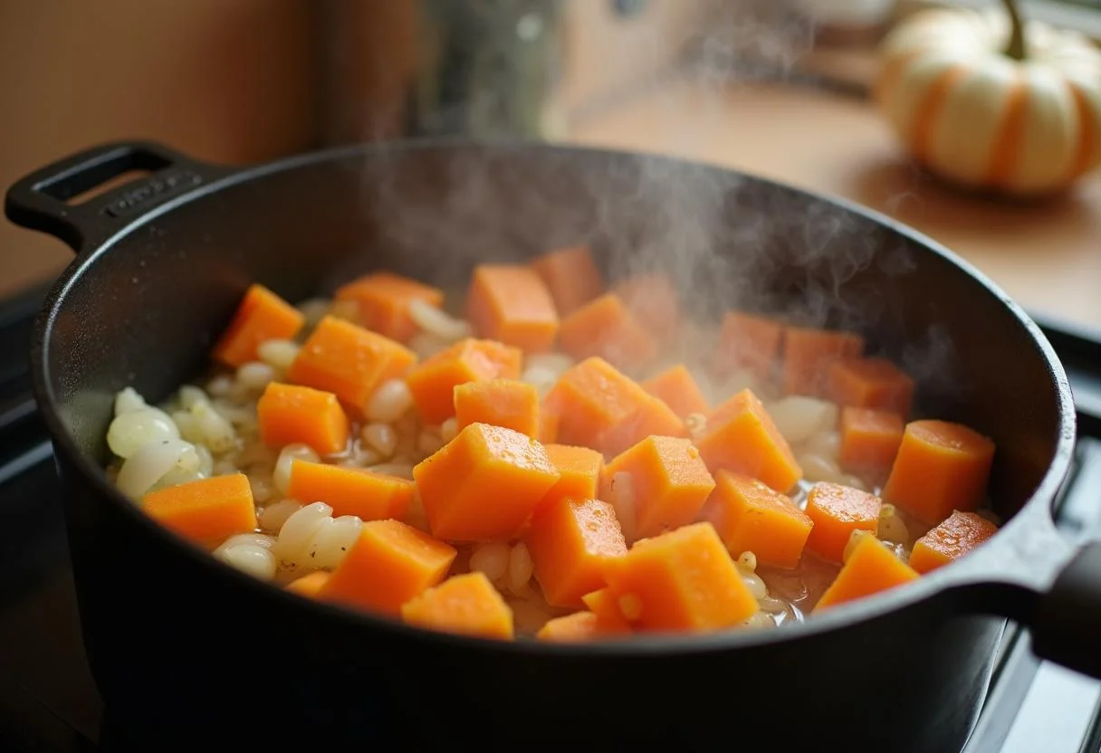 Cooking the chopped ingredients for Cinderella Fairy Godmother's Magical Pumpkin Soup in a pot, demonstrating the flavorful blend of pumpkin and vegetables.