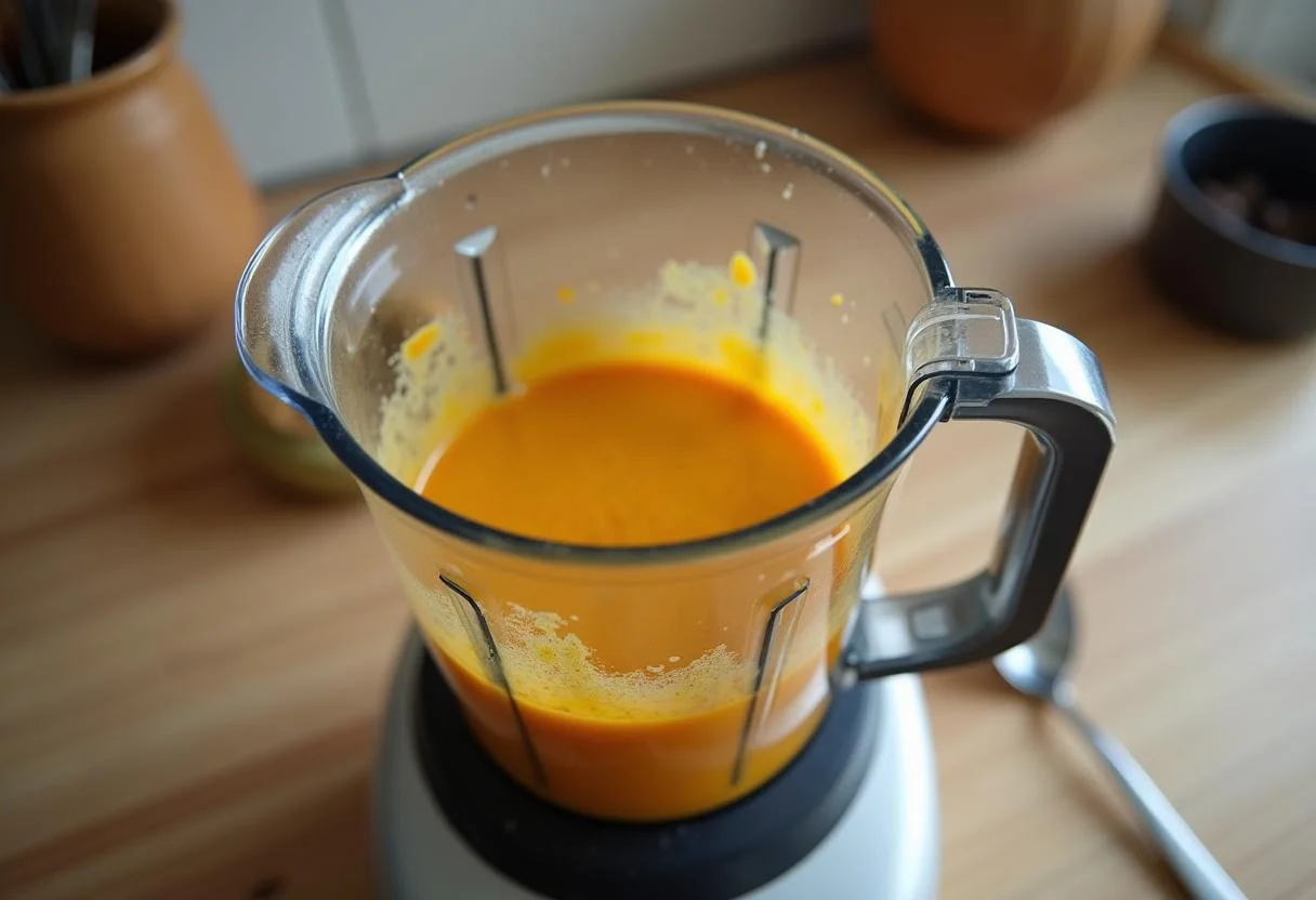 Blending the ingredients for Cinderella Fairy Godmother's Magical Pumpkin Soup, preparing to create a smooth and creamy texture.