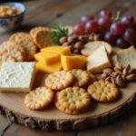 Final presentation of Cinderella Jaq and Gus's Cheese and Cracker Bites, ready to be served, accompanied with grapes and nuts in an inviting table setting.