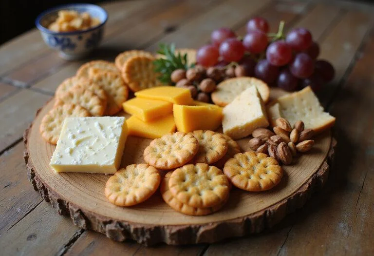 Final presentation of Cinderella Jaq and Gus's Cheese and Cracker Bites, ready to be served, accompanied with grapes and nuts in an inviting table setting.