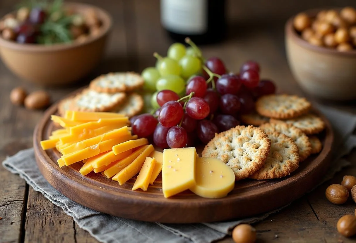 Final presentation of Cinderella Jaq and Gus's Cheese and Cracker Bites, ready to be served, accompanied with grapes and nuts in an inviting table setting.