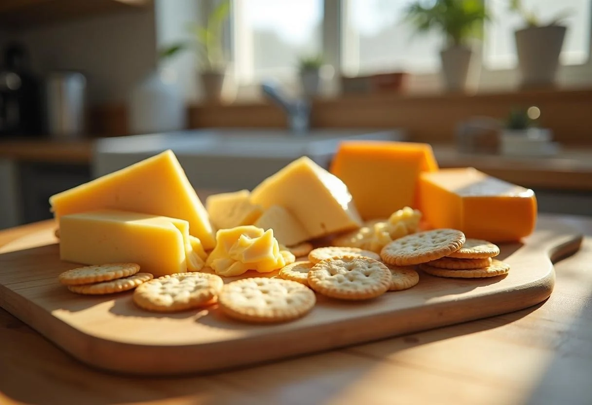 Delicious ingredients for Cinderella Jaq and Gus's Cheese and Cracker Bites, featuring colorful cheeses and crispy crackers on a wooden board.