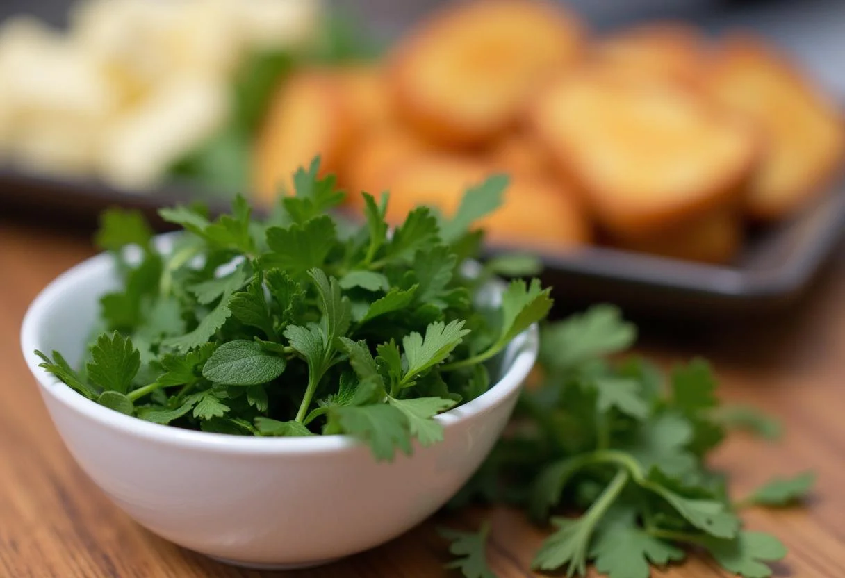 Fresh herbs prepared for adding flavor to Cinderella Jaq and Gus's Cheese and Cracker Bites, enhancing the presentation and taste.
