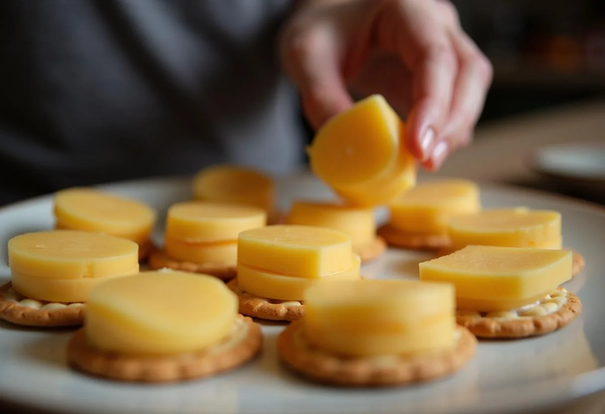 Artfully arranged cheese on crackers for Cinderella Jaq and Gus's Cheese and Cracker Bites, emphasizing the colorful presentation in a warm kitchen.