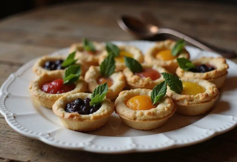 Savor the final presentation of Cinderella Lady Tremaine's Treacherous Tarts, showcasing colorful fruit fillings and a delightful arrangement on a rustic table.