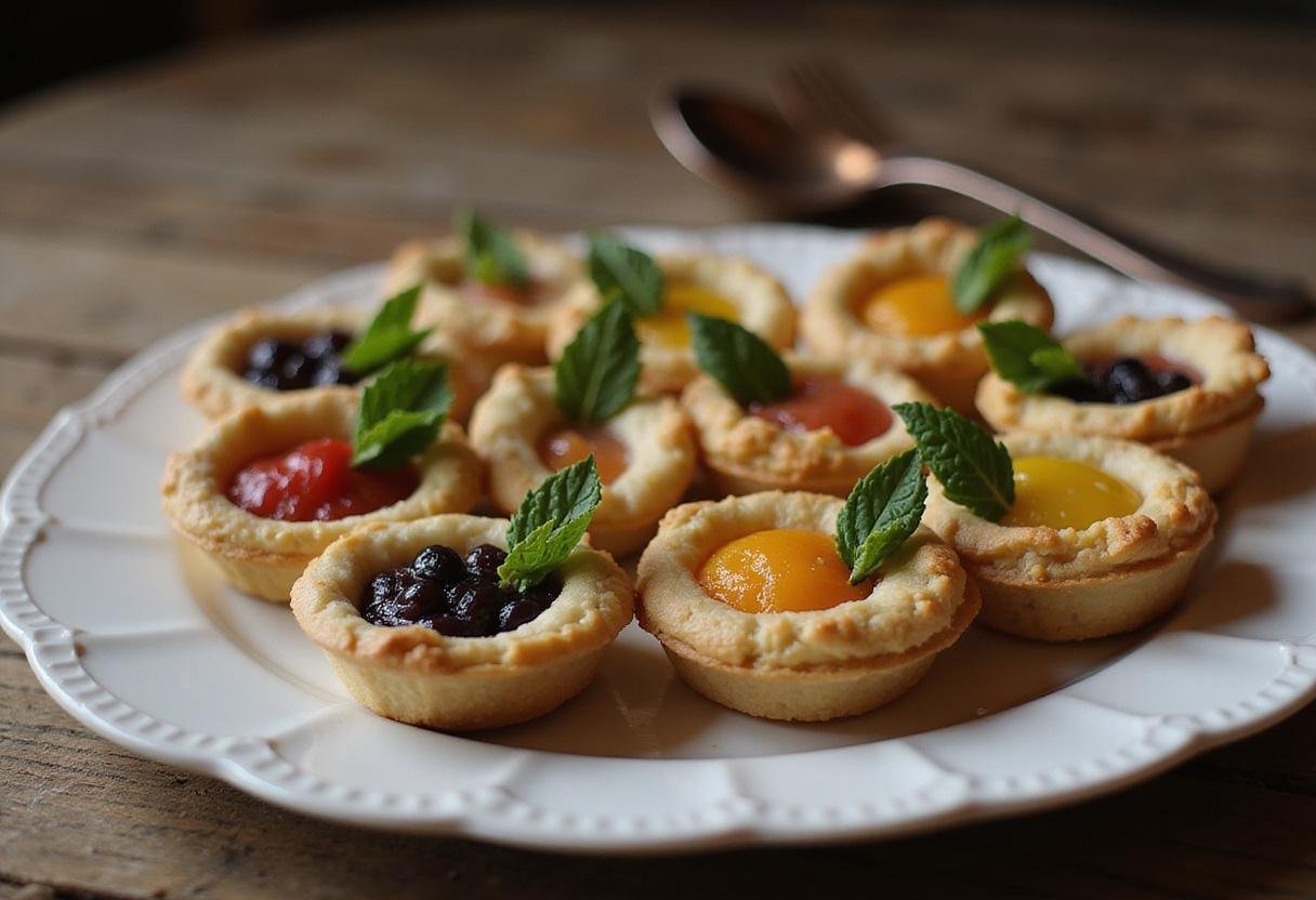 Savor the final presentation of Cinderella Lady Tremaine's Treacherous Tarts, showcasing colorful fruit fillings and a delightful arrangement on a rustic table.