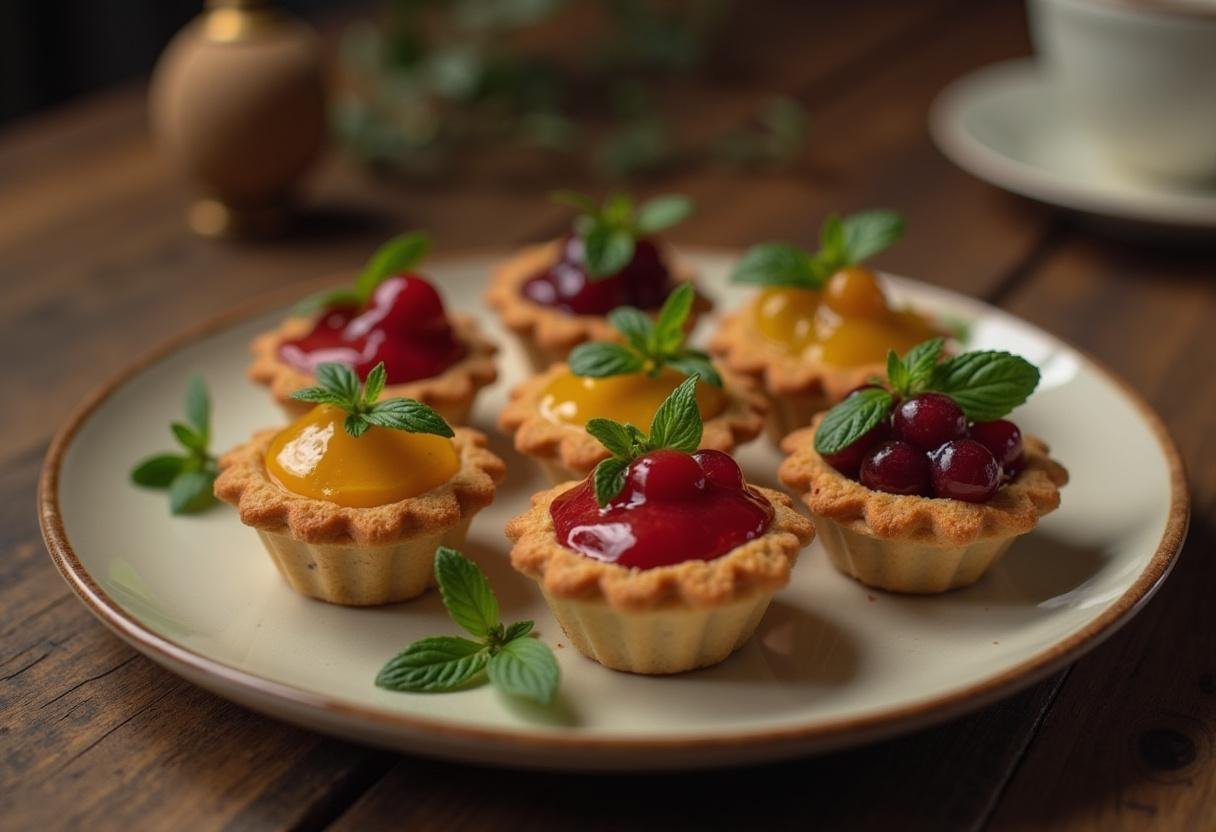 Savor the final presentation of Cinderella Lady Tremaine's Treacherous Tarts, showcasing colorful fruit fillings and a delightful arrangement on a rustic table.
