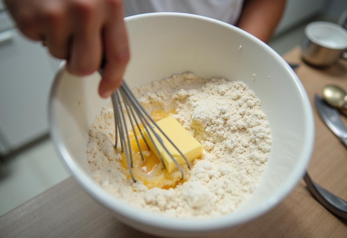 Mix together the ingredients for Cinderella Lady Tremaine's Treacherous Tarts, including flour and butter, in a neatly organized kitchen setting.