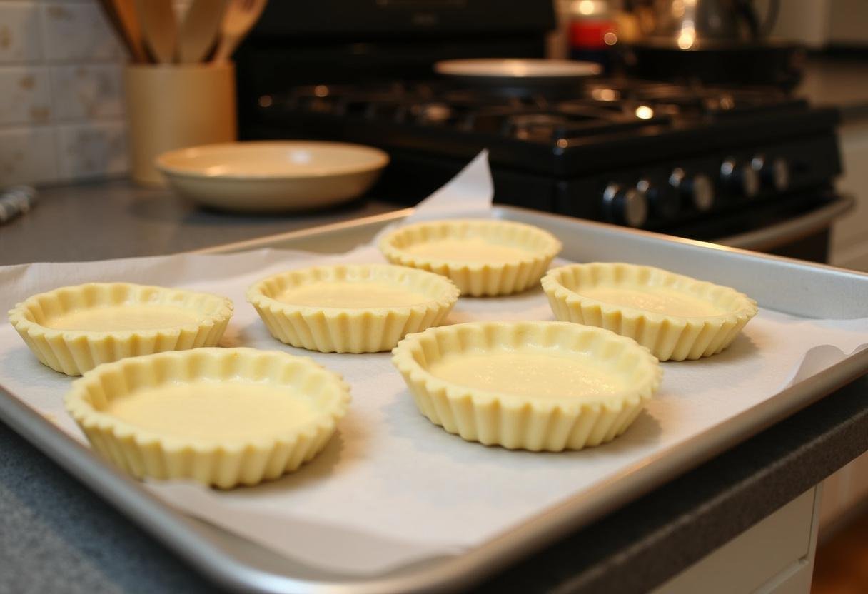 Shape and prepare tart crusts for Cinderella Lady Tremaine's Treacherous Tarts on a baking sheet with parchment paper in a cozy kitchen.