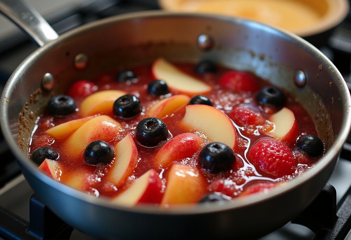 Cook a delicious fruit filling for Cinderella Lady Tremaine's Treacherous Tarts in a saucepan on the stove, showcasing fresh ingredients.