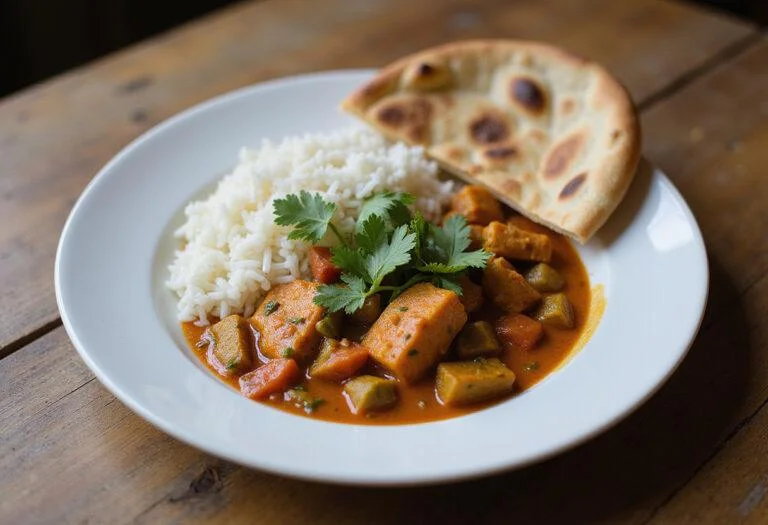 Final presentation of Citadel Priyanka Chopra Jonas's Global Veggie Korma with rice and naan on a rustic table.