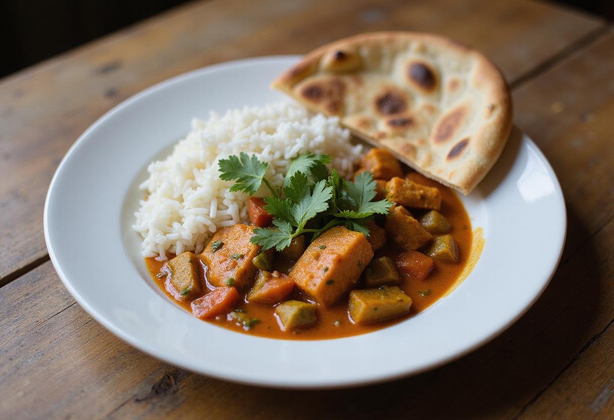 Final presentation of Citadel Priyanka Chopra Jonas's Global Veggie Korma with rice and naan on a rustic table.