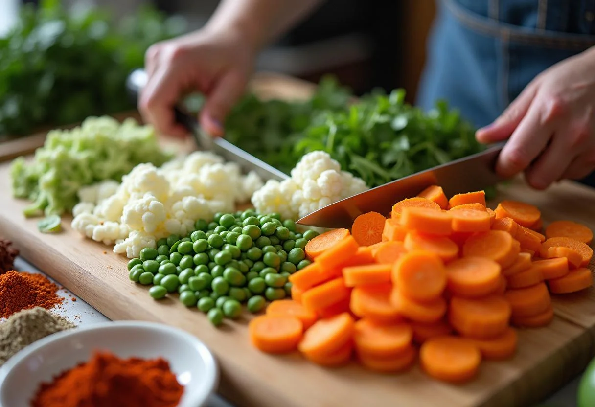 Preparation of Citadel Priyanka Chopra Jonas's Global Veggie Korma with fresh vegetables and spices.