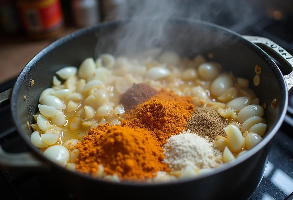 Cooking the base for Citadel Priyanka Chopra Jonas's Global Veggie Korma with onions and spices on the stove.