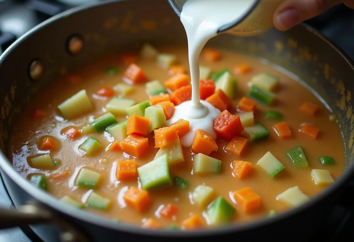 Adding vegetables and coconut milk to the pot for Citadel Priyanka Chopra Jonas's Global Veggie Korma, creating a flavorful blend.