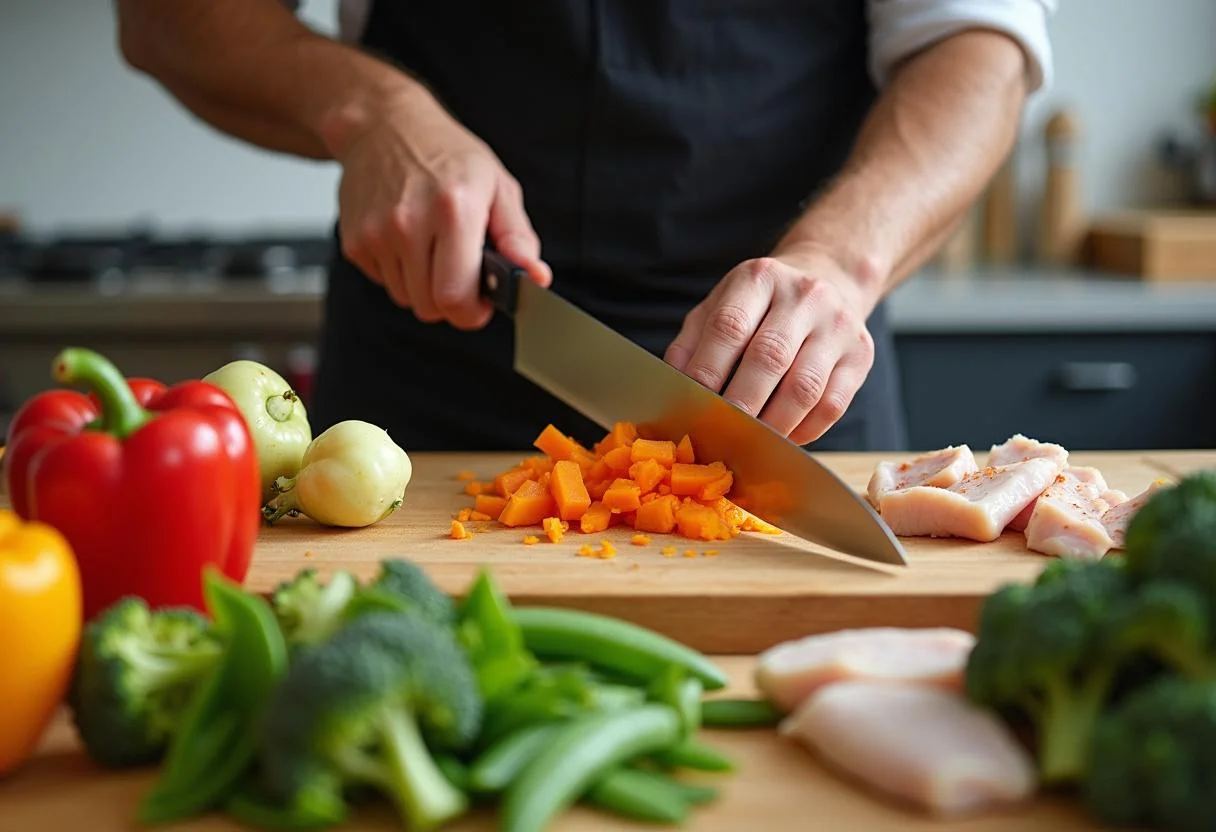 Fresh vegetables and marinated chicken for Creed Michael B. Jordan's Champion Chicken Stir-fry preparation, showcasing a chef chopping ingredients.