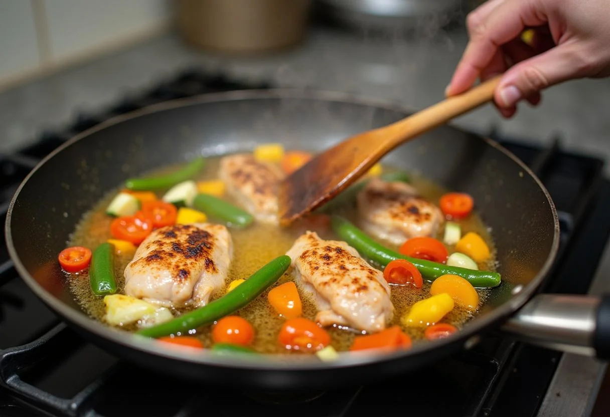 Sizzling chicken and vibrant vegetables in a frying pan for Creed Michael B. Jordan's Champion Chicken Stir-fry, highlighting the cooking process.