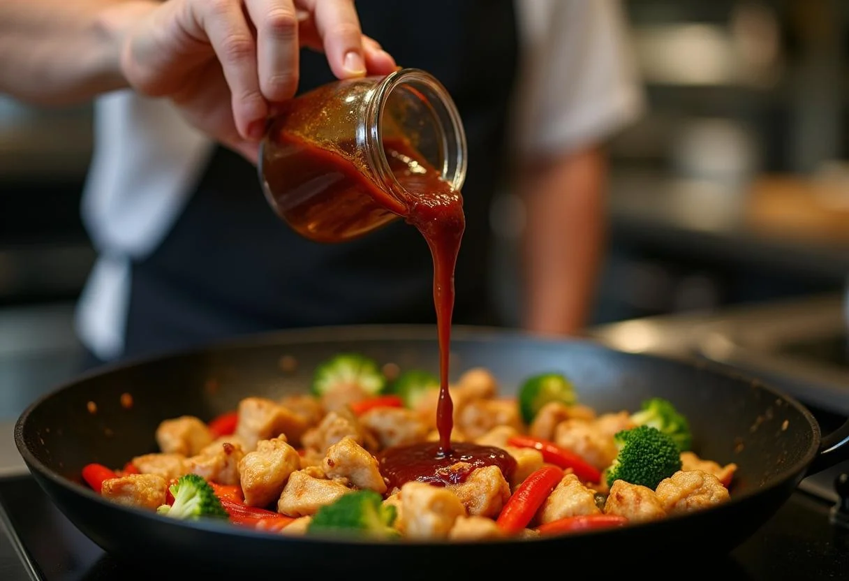 Pouring flavorful stir-fry sauce over chicken and vegetables for Creed Michael B. Jordan's Champion Chicken Stir-fry, demonstrating the final cooking step.