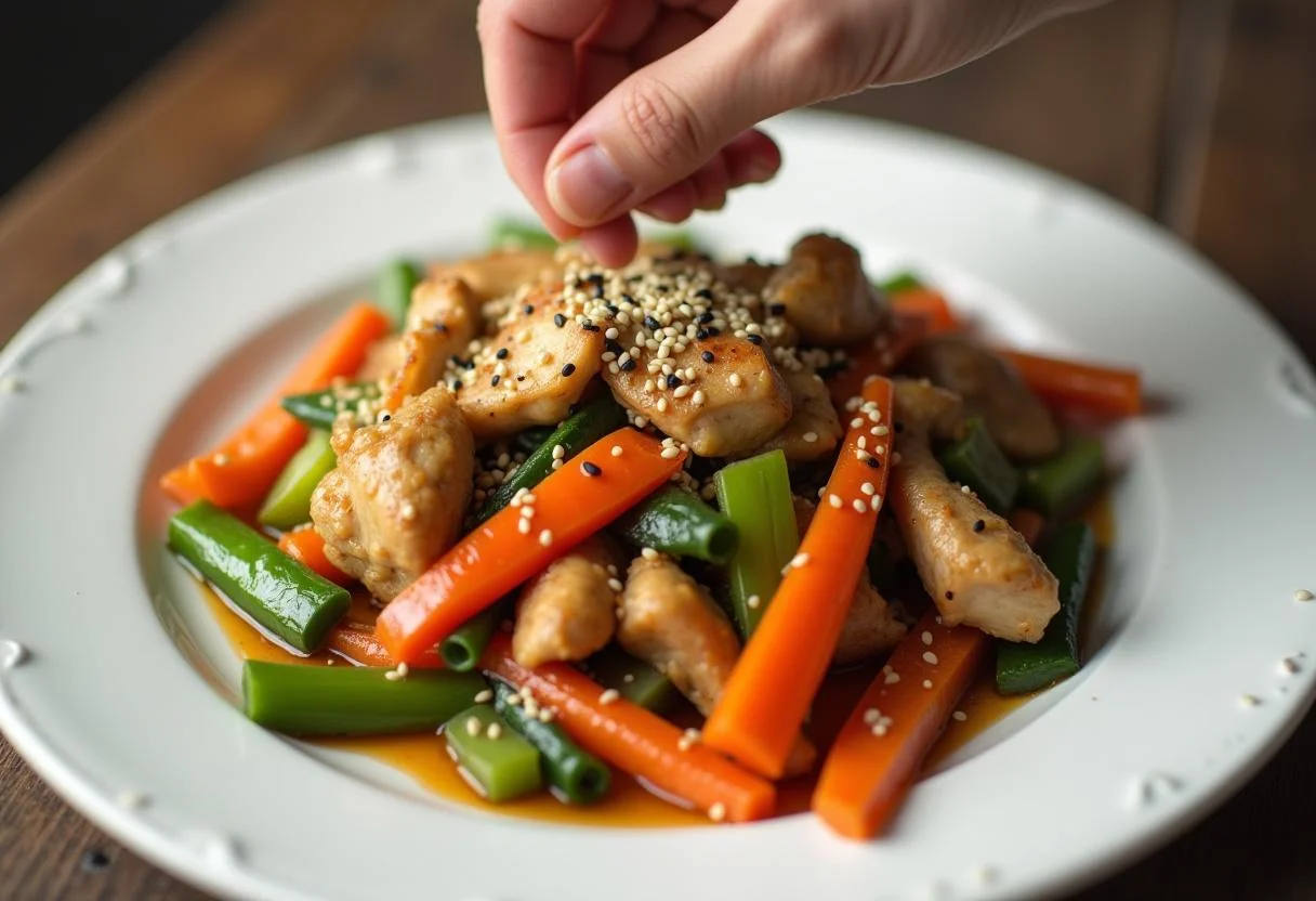Serving the vibrant and delicious Creed Michael B. Jordan's Champion Chicken Stir-fry garnished with sesame seeds, showcasing the final cooking presentation.