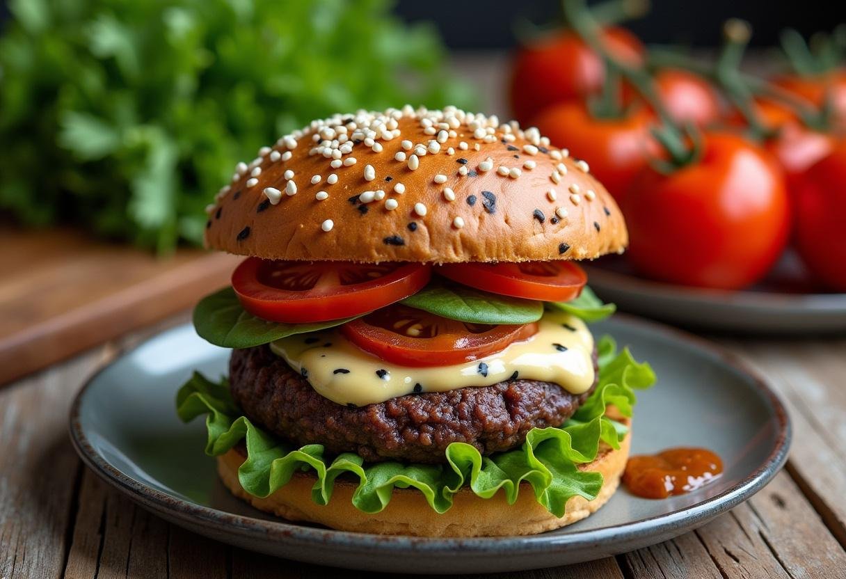 A stunning final display of Cruella Emma Stone's Dalmatian-Spotted Black Bean Burgers, showcasing the delicious stack with fresh vegetables and sauce in a rustic setting.