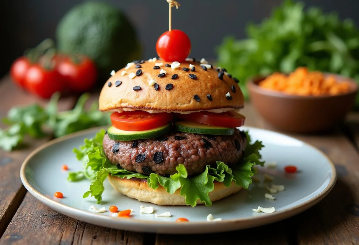 A stunning final display of Cruella Emma Stone's Dalmatian-Spotted Black Bean Burgers, showcasing the delicious stack with fresh vegetables and sauce in a rustic setting.