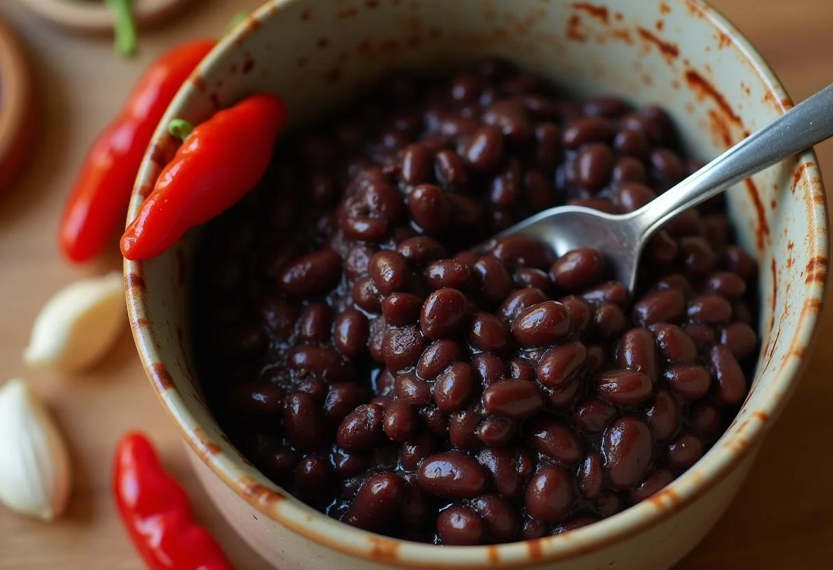Mashed black beans for Cruella Emma Stone's Dalmatian-Spotted Black Bean Burgers preparation, featuring vibrant ingredients like red bell peppers and garlic.