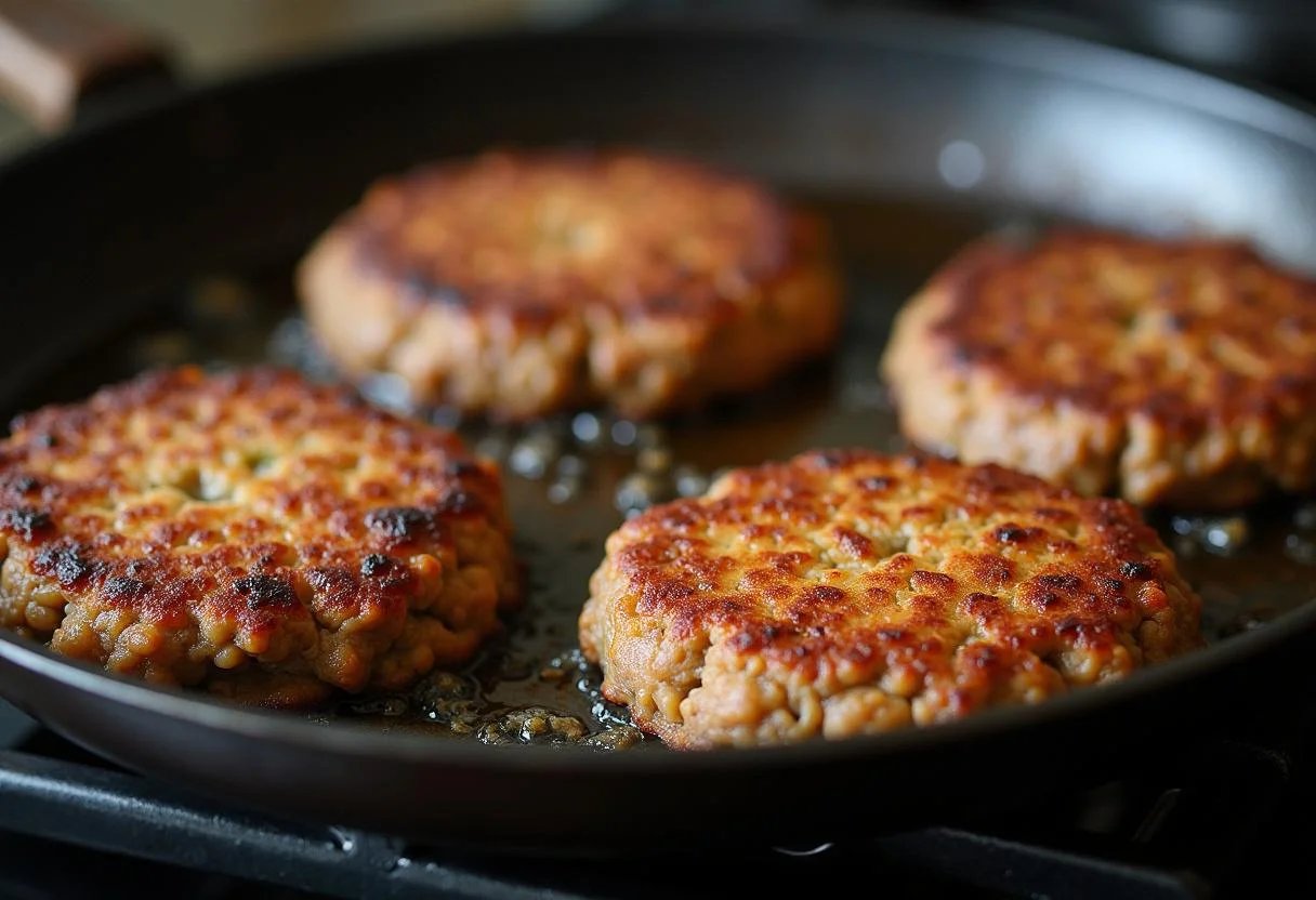 Cooking black bean burger patties for Cruella Emma Stone's Dalmatian-Spotted Black Bean Burgers, capturing the appetizing sizzle and rich colors as they fry.
