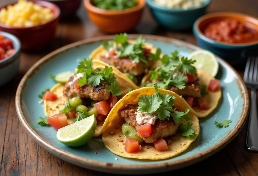 Enjoy Deep Water Ana de Armas's Drowning in Flavor Fish Tacos, beautifully plated with garnishes for a flavorful dining experience.