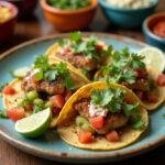 Enjoy Deep Water Ana de Armas's Drowning in Flavor Fish Tacos, beautifully plated with garnishes for a flavorful dining experience.