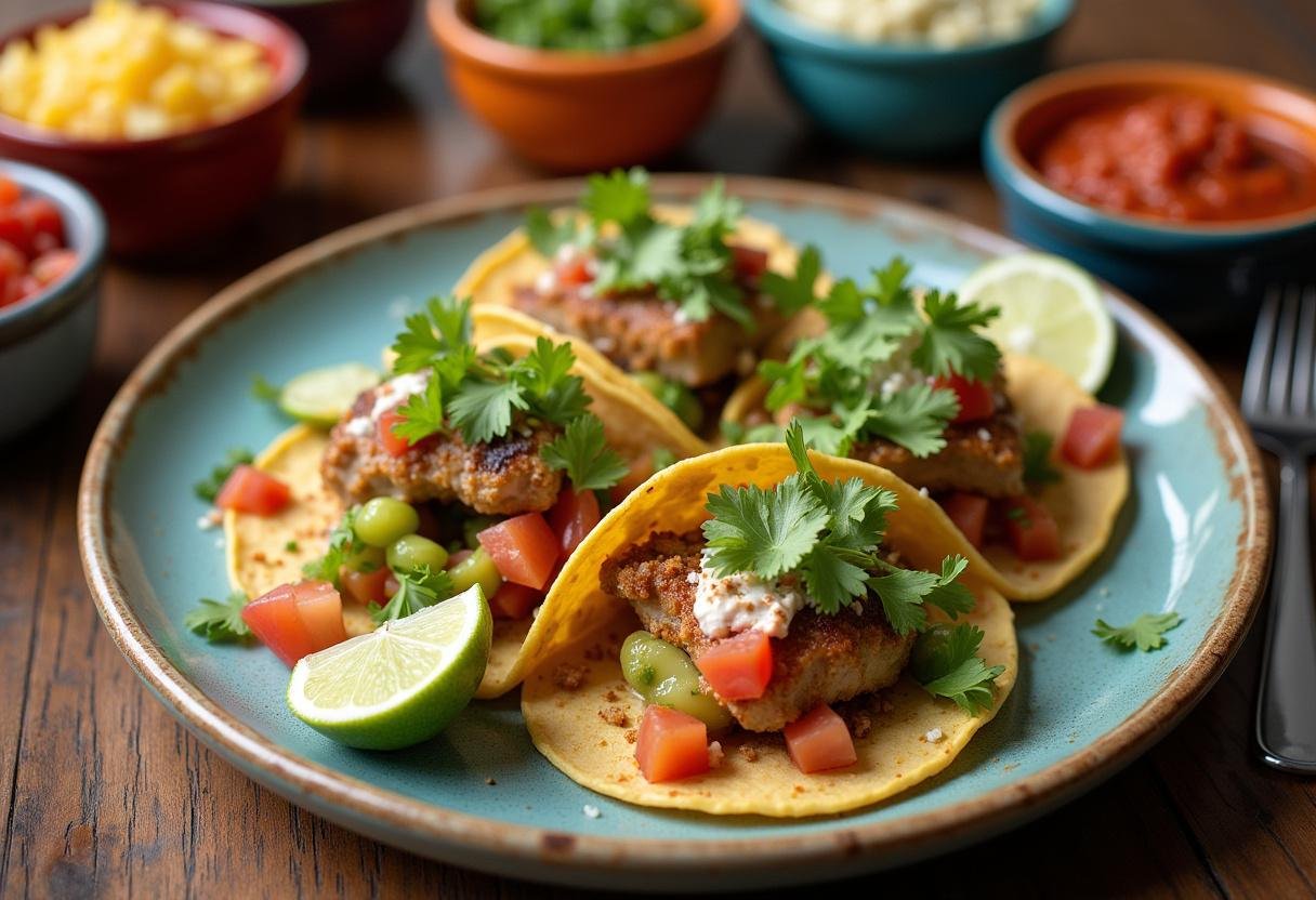 Enjoy Deep Water Ana de Armas's Drowning in Flavor Fish Tacos, beautifully plated with garnishes for a flavorful dining experience.