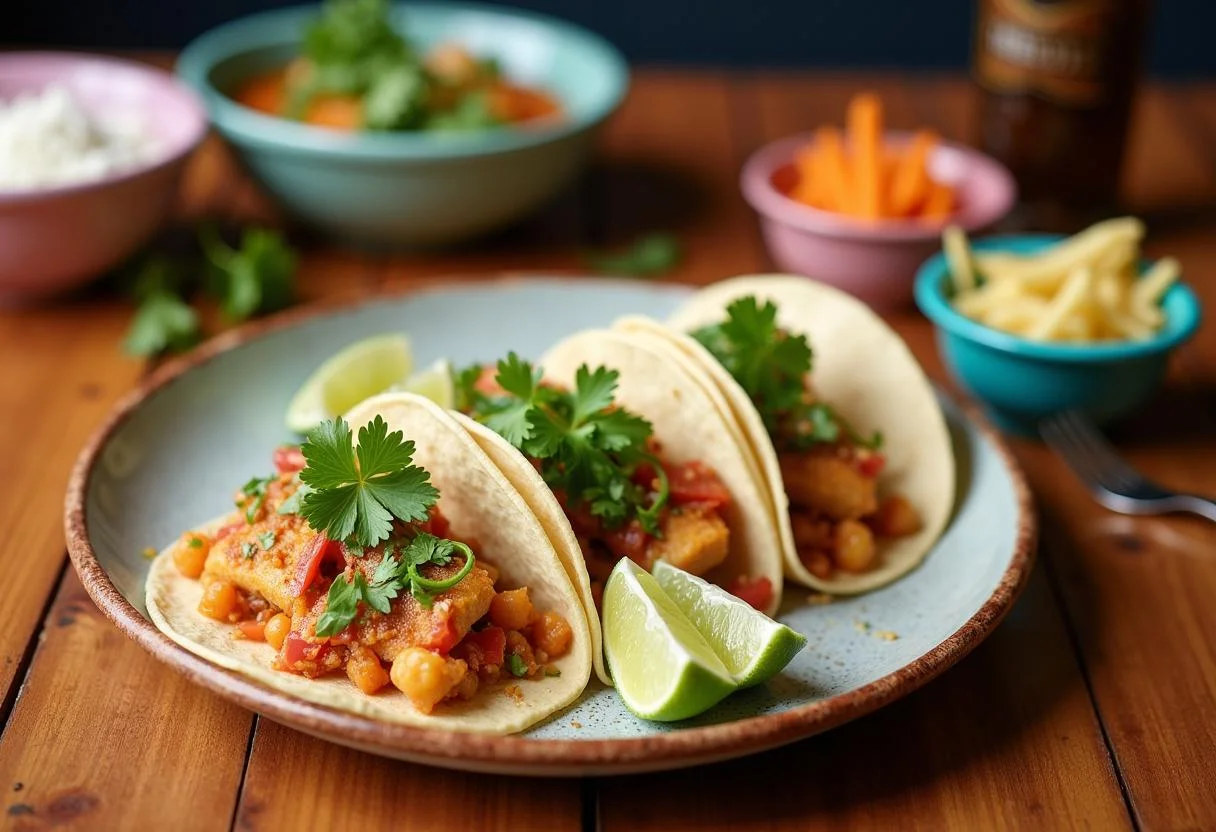Enjoy Deep Water Ana de Armas's Drowning in Flavor Fish Tacos, beautifully plated with garnishes for a flavorful dining experience.