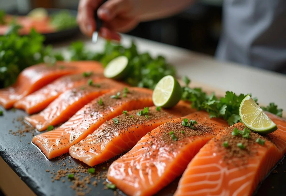 Prepare fresh fish fillets for Deep Water Ana de Armas's Drowning in Flavor Fish Tacos with vibrant seasonings and ingredients.