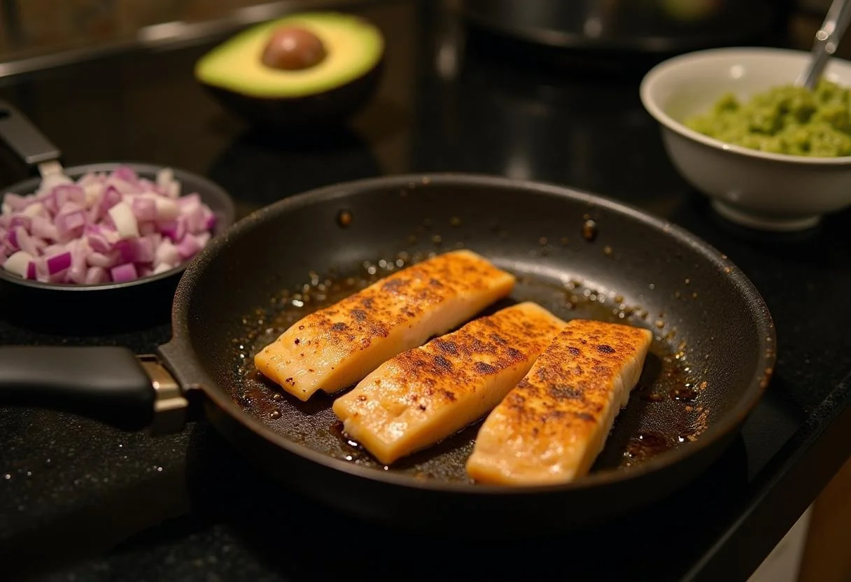 Cook the seasoned fish fillets in a skillet for Deep Water Ana de Armas's Drowning in Flavor Fish Tacos, while preparing toppings like guacamole and onions.