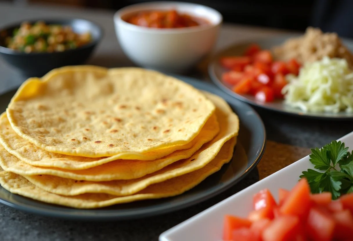 Warm corn tortillas next to vibrant toppings for assembling Deep Water Ana de Armas's Drowning in Flavor Fish Tacos.