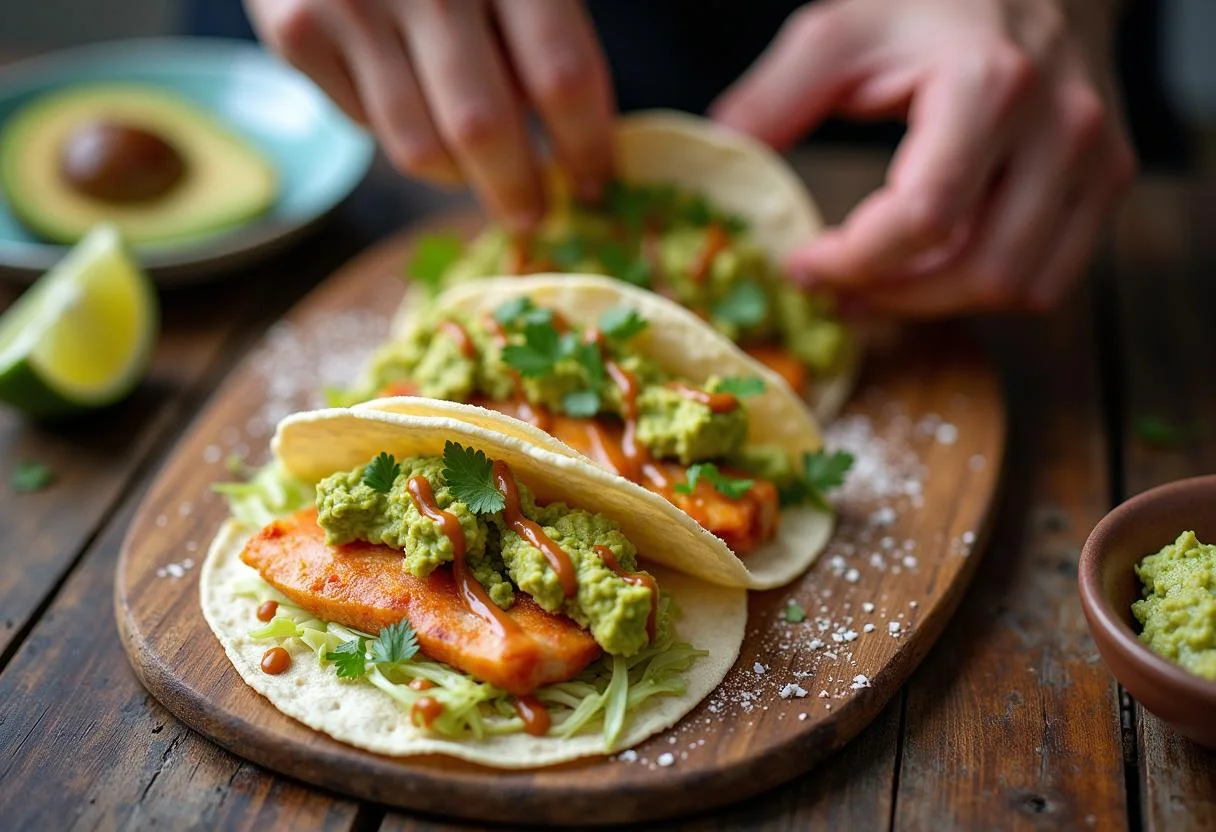 Assemble Deep Water Ana de Armas's Drowning in Flavor Fish Tacos with layers of fish, toppings, and sauce for a delicious meal.