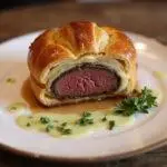 Final presentation of Downton Abbey Bates' Benevolent Beef Wellington, highlighting the perfect slice with tender beef and flaky crust, elegantly garnished.