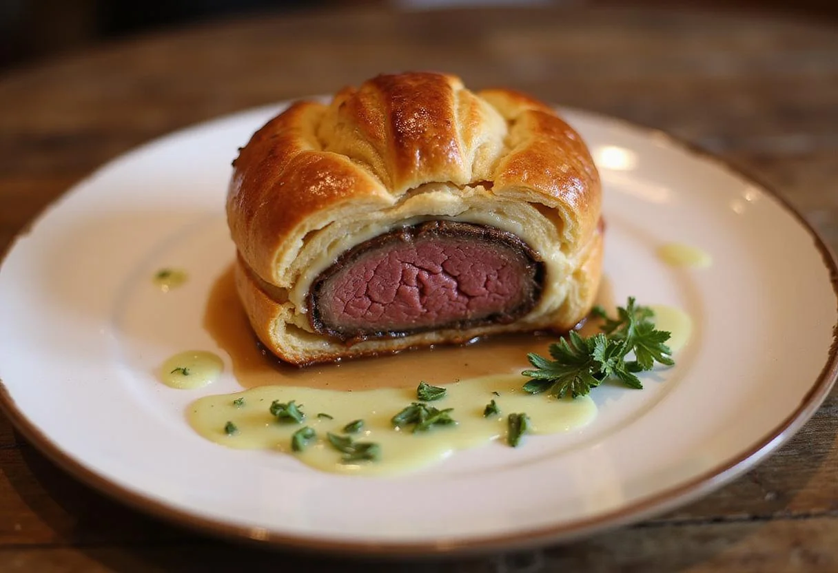 Final presentation of Downton Abbey Bates' Benevolent Beef Wellington, highlighting the perfect slice with tender beef and flaky crust, elegantly garnished.