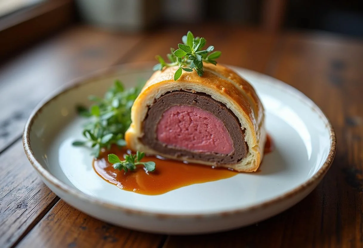 Final presentation of Downton Abbey Bates' Benevolent Beef Wellington, highlighting the perfect slice with tender beef and flaky crust, elegantly garnished.