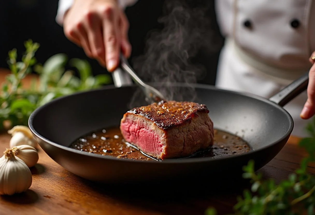 Cooking beef tenderloin for Downton Abbey Bates' Benevolent Beef Wellington, showcasing the searing process with herbs and garlic, traditional culinary methods.