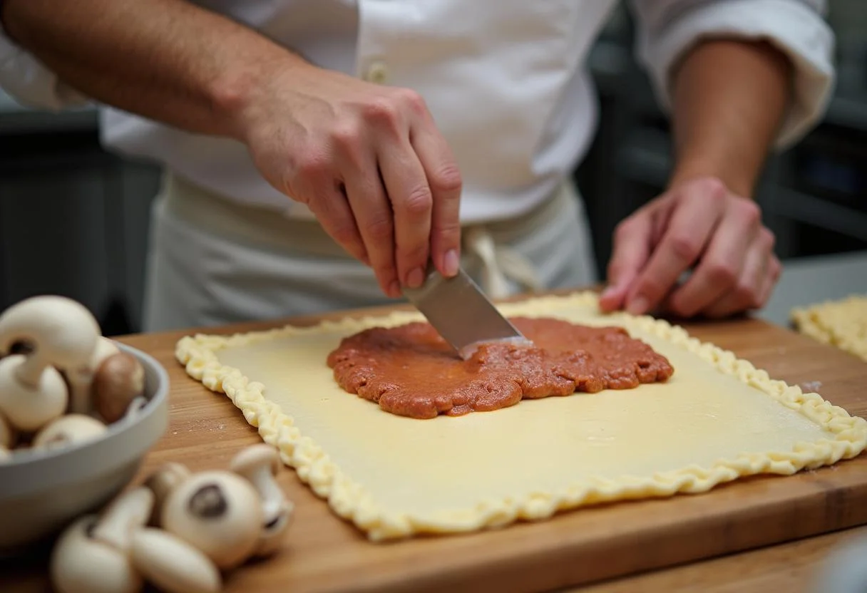 Preparing pâté and mushroom mixture for Downton Abbey Bates' Benevolent Beef Wellington, highlighting the process of layering flavors on puff pastry.