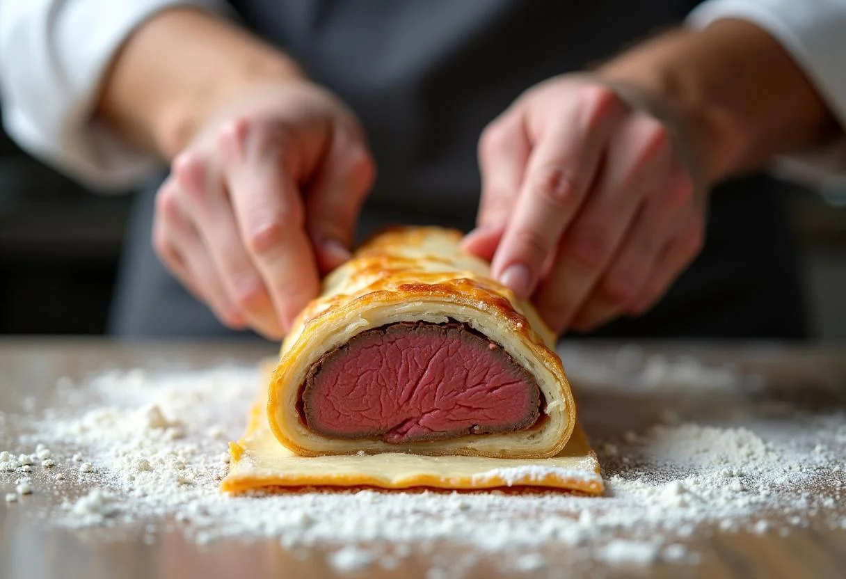 Wrapping beef tenderloin in puff pastry for Downton Abbey Bates' Benevolent Beef Wellington, demonstrating careful crafting for perfect presentation.
